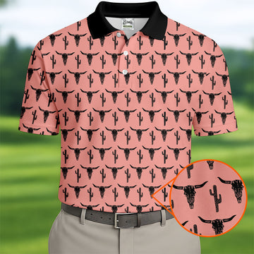 Longhorn Cow Skull Western Theme Peach Pink Golf Tops For Men, Polo Shirtor Men, Golf Shirts For Men