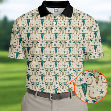 Cow Skulls Turquoise And Beige Western Theme Golf Tops For Men, Polo Shirtor Men, Golf Shirts For Men