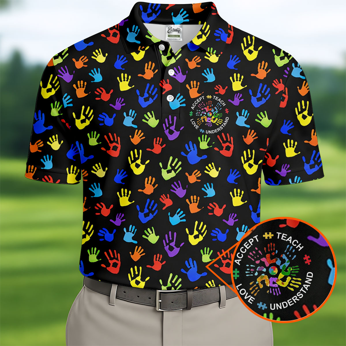 Accept Teach Understand Love Autism Awareness Colorful Handprint Black Golf Shirt, Golf Shirts For Men
