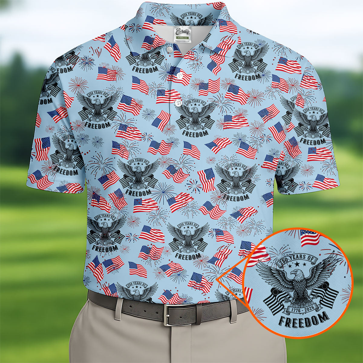 250 Years Of Freedom Festive Flag Vintage Blue Golf Shirt, Patriotic 4th Of July Golf Shirts For Men
