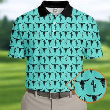 Longhorn Cow Skull Western Theme Peacock Blue Golf Tops For Men, Polo Shirtor Men, Golf Shirts For Men