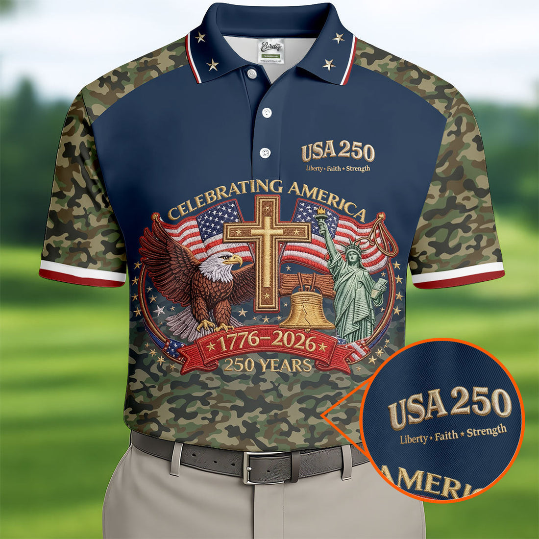 Liberty Faith Strength Faith Cross USA 250 Navy Camo Golf Shirt, 4th Of July Golf Shirts For Men