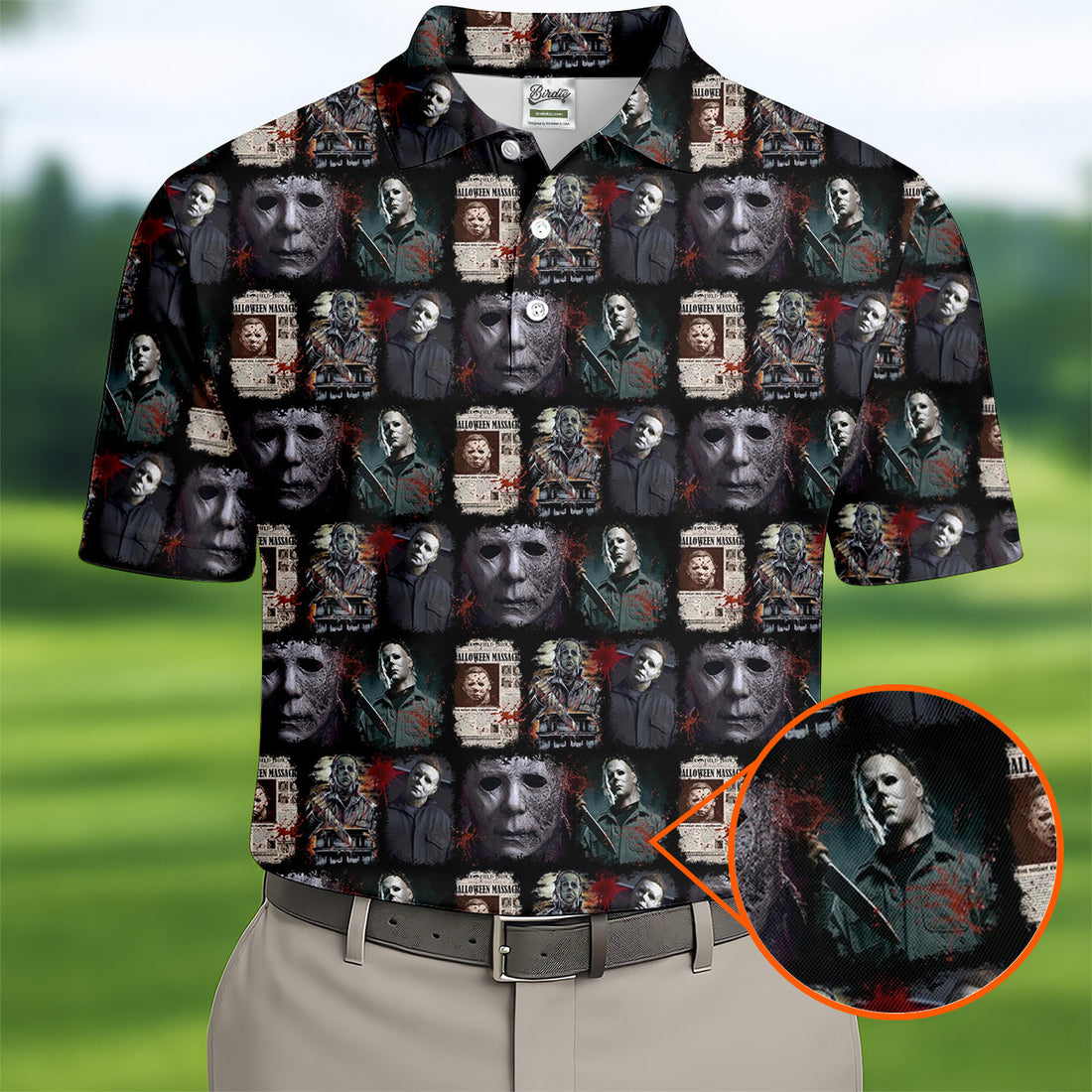 Michael Halloween Fun Men's Golf Polos, Classic Horror Characters Men Polo, Horror Movie Shirt