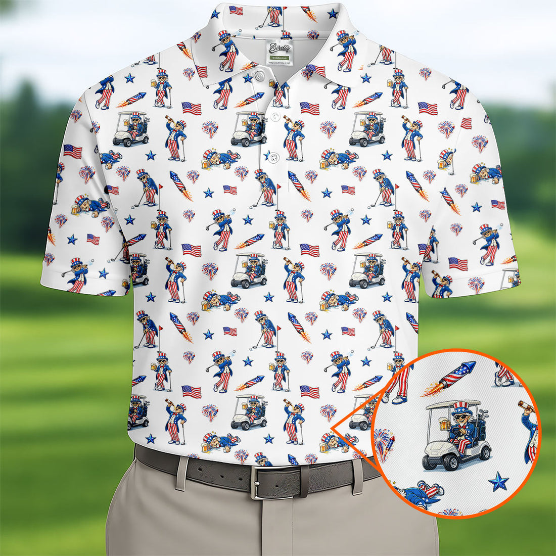 Patriotic Man Golf And Beer Funny 4th Of July White Golf Shirt, 250 Years Seamless Pattern Golf Shirts For Men
