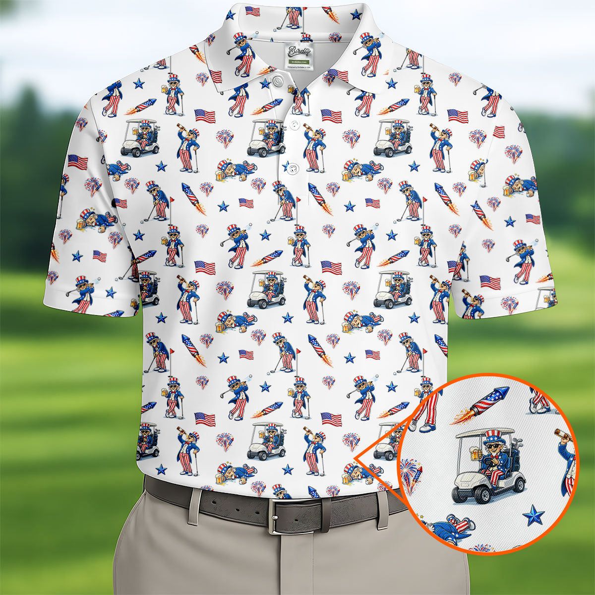 Patriotic Man Golf And Beer Funny 4th Of July White Golf Shirt, 250 Years Seamless Pattern Golf Shirts For Men