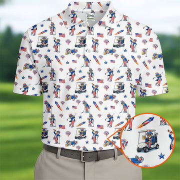 Patriotic Man Golf And Beer Funny 4th Of July White Golf Shirt, 250 Years Seamless Pattern Golf Shirts For Men
