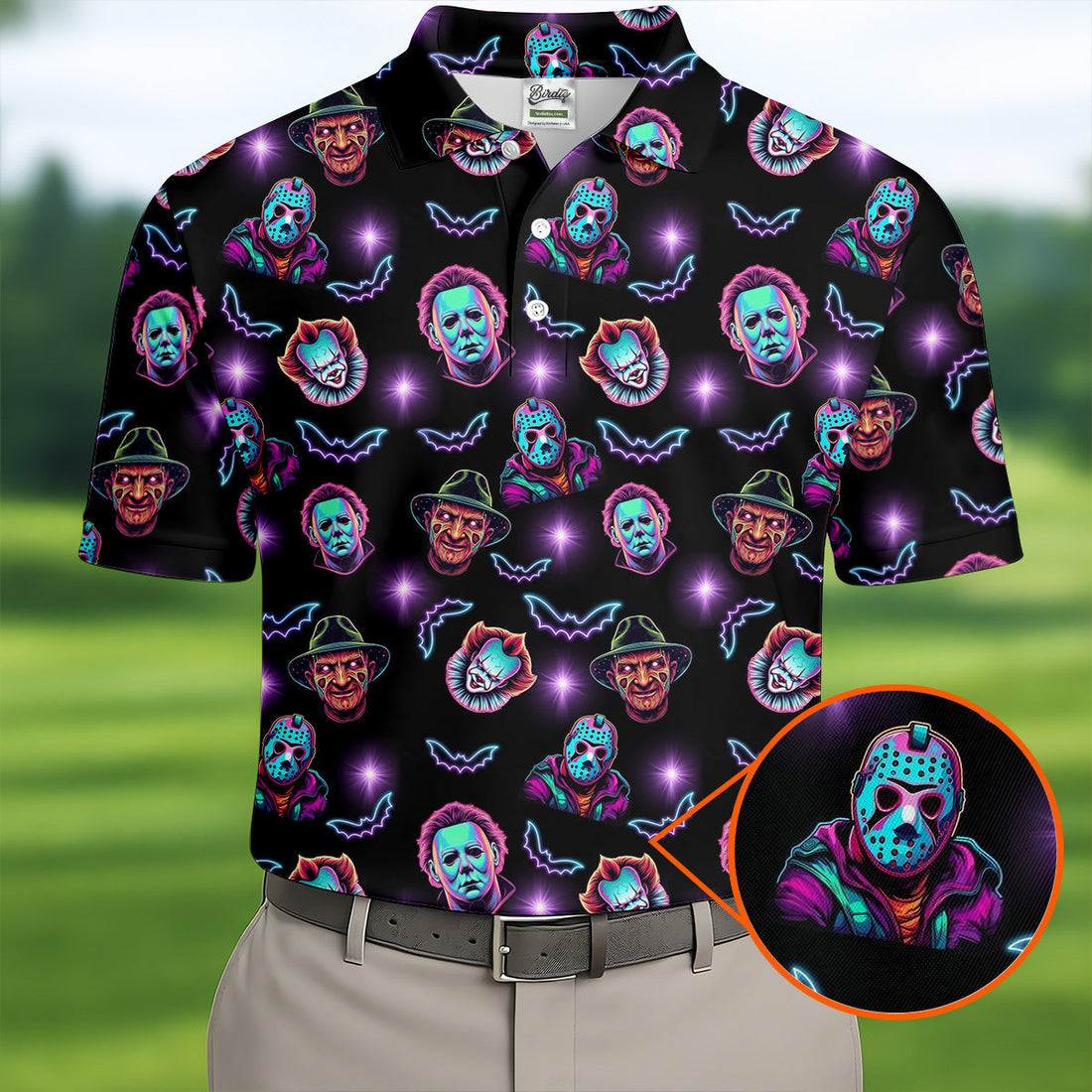 Funny Horror Movie Men's Golf Shirt, Horror Character Neon Shirt, Halloween Golf Shirt, Men Golf Gift