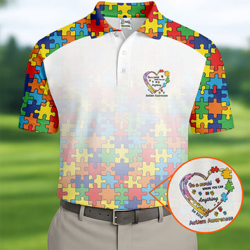 In A World Where You Can Be Anything Be Kind Autism Awareness Puzzle Pattern White Fade Golf Shirts For Men