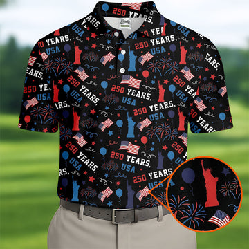 250 Years USA Red White Blue Seamless Pattern Black Golf Shirt, Patriotic 4th Of July Golf Shirts For Men