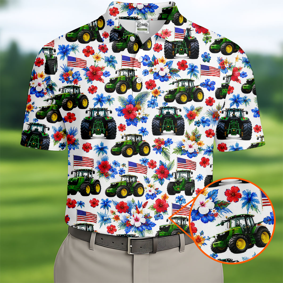 American Tractor Golf Shirt, Patriotic Wildflower Country Farm Pattern, Golf Shirt For Men