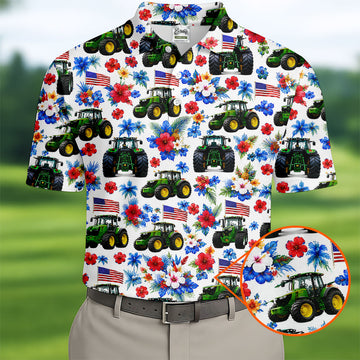 American Tractor Golf Shirt, Patriotic Wildflower Country Farm Pattern, Golf Shirt For Men