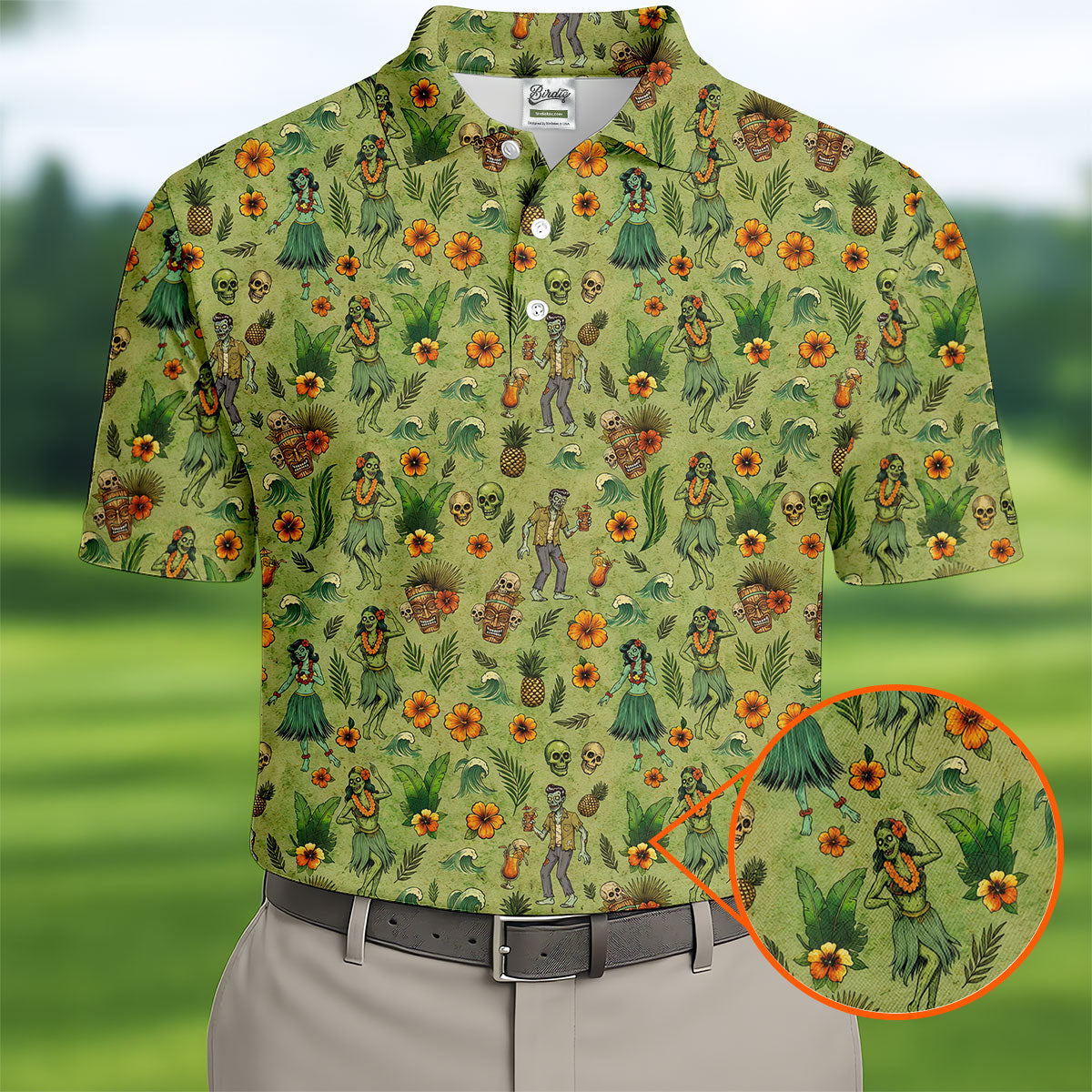 Tiki Zombie Hawaiian Golf Shirt, Hula Dancer Skull Pattern, Polo Shirts For Men