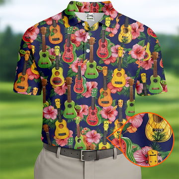 Tropical Ukulele Fruit Pattern 250 Retro Golf Shirt, Hawaiian Vibe Golf Shirts For Men