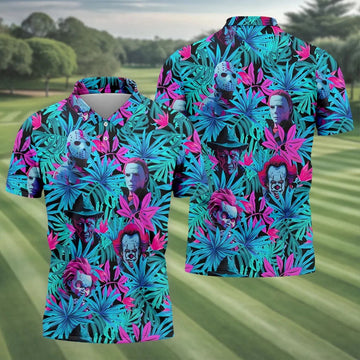 Neon Halloween Horror Character Hawaiian Golf Shirt, Men's Golf Shirt, Printed Golf Polo Shirt