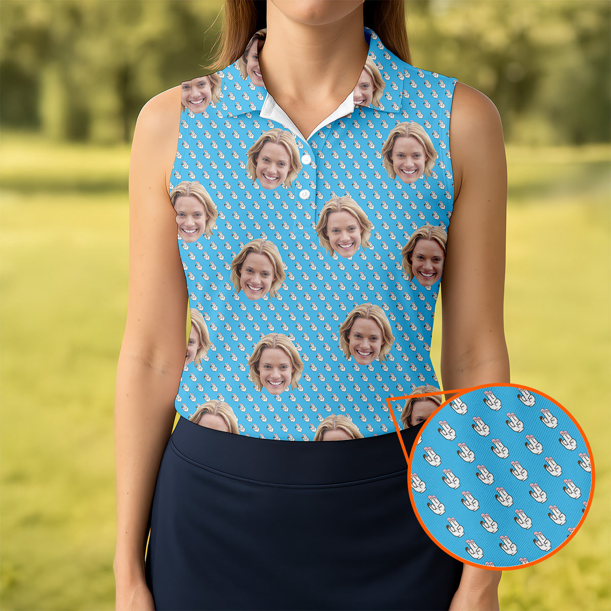 Funny Hands Blue Golf Polo ShirtCustom Face Golf Shirt, Fun Womens Golf Shirts, Ladies Golf Shirt