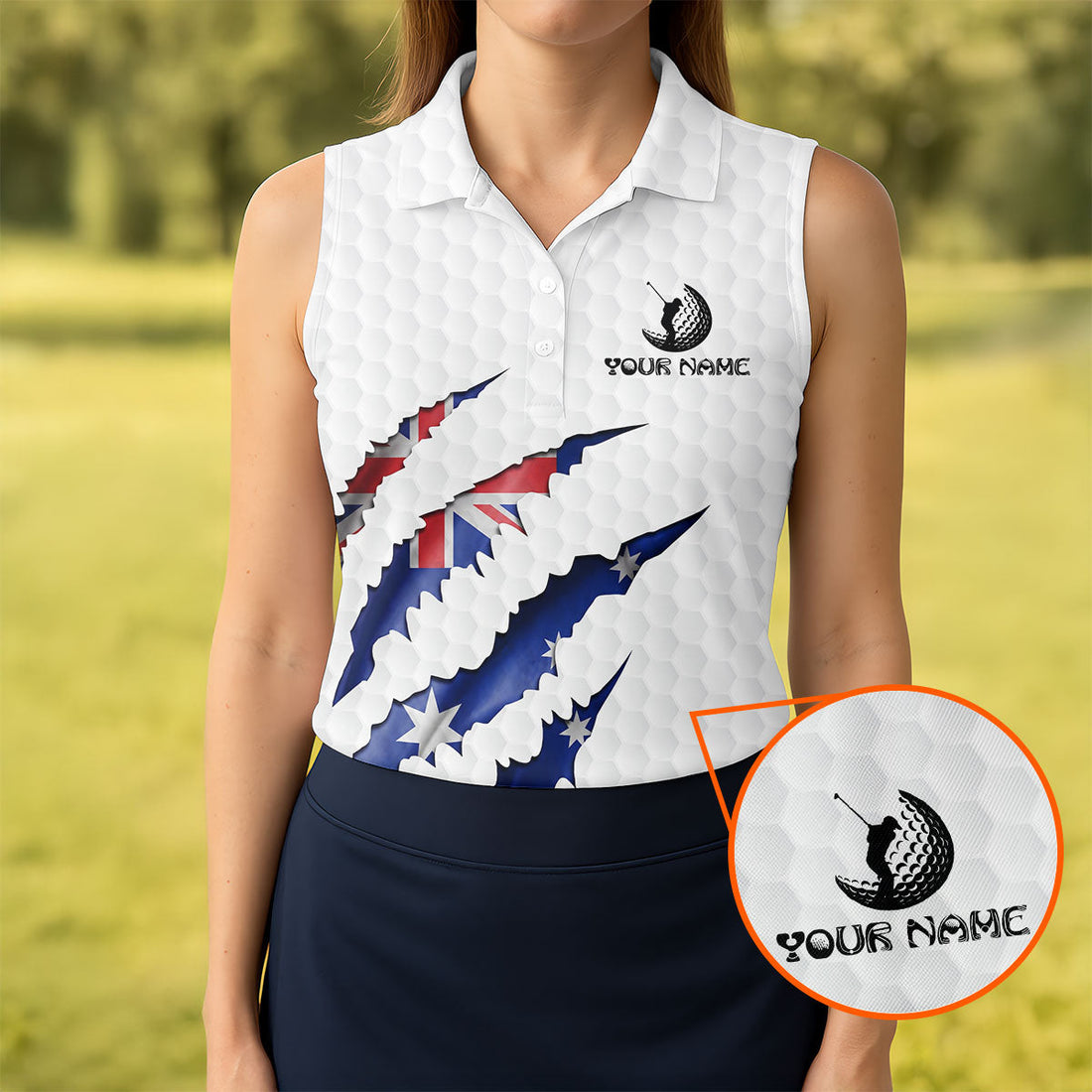 Golf Ball Pattern Australia Flag Print Scratch Effect Ladies Golf Tops, Golf Shirt For Women