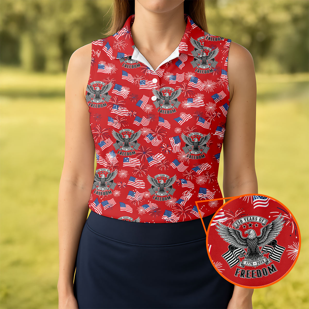 250 Years Of Freedom Festive Flag Vintage Red Golf Shirt, Patriotic 4th Of July Golf Shirt For Women
