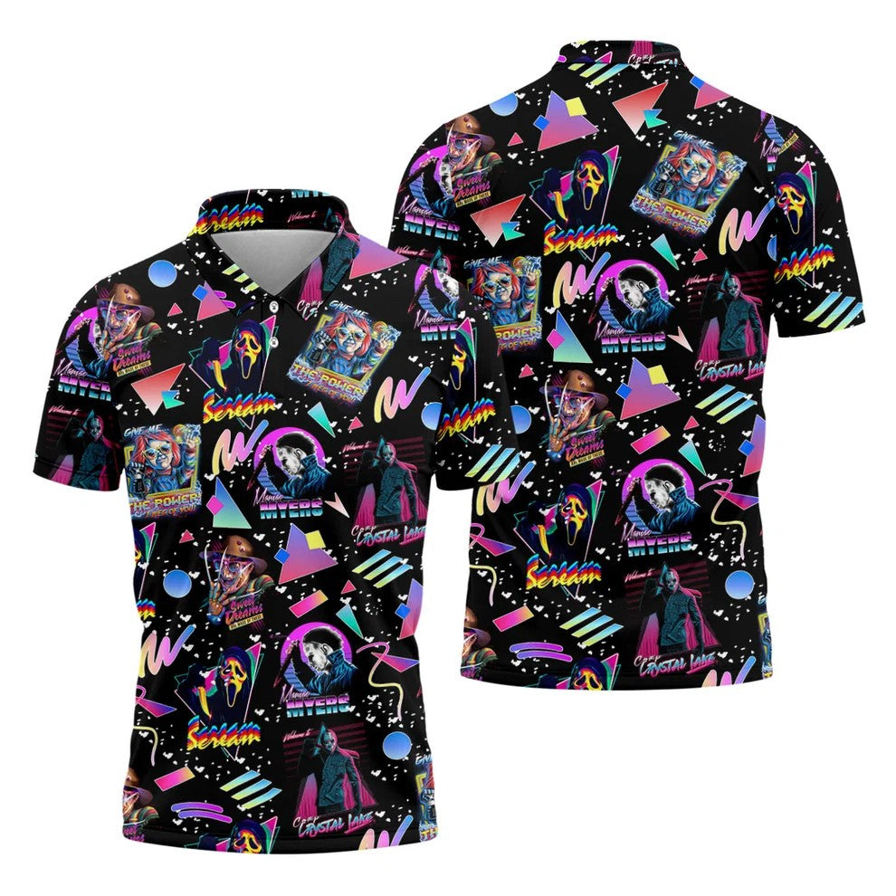 Retro Neon Horror Character Halloween Golf Shirt, Mens Golf Apparel, Hawaiian Golf Shirt