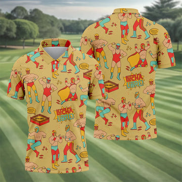 Yellow Lucha Libre Mexican Wrestler Pattern Golf Shirt, Hawaiian Golf Shirt, Mens Golf Shirts