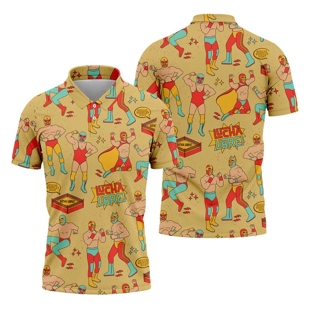 Yellow Lucha Libre Mexican Wrestler Pattern Golf Shirt, Hawaiian Golf Shirt, Mens Golf Shirts