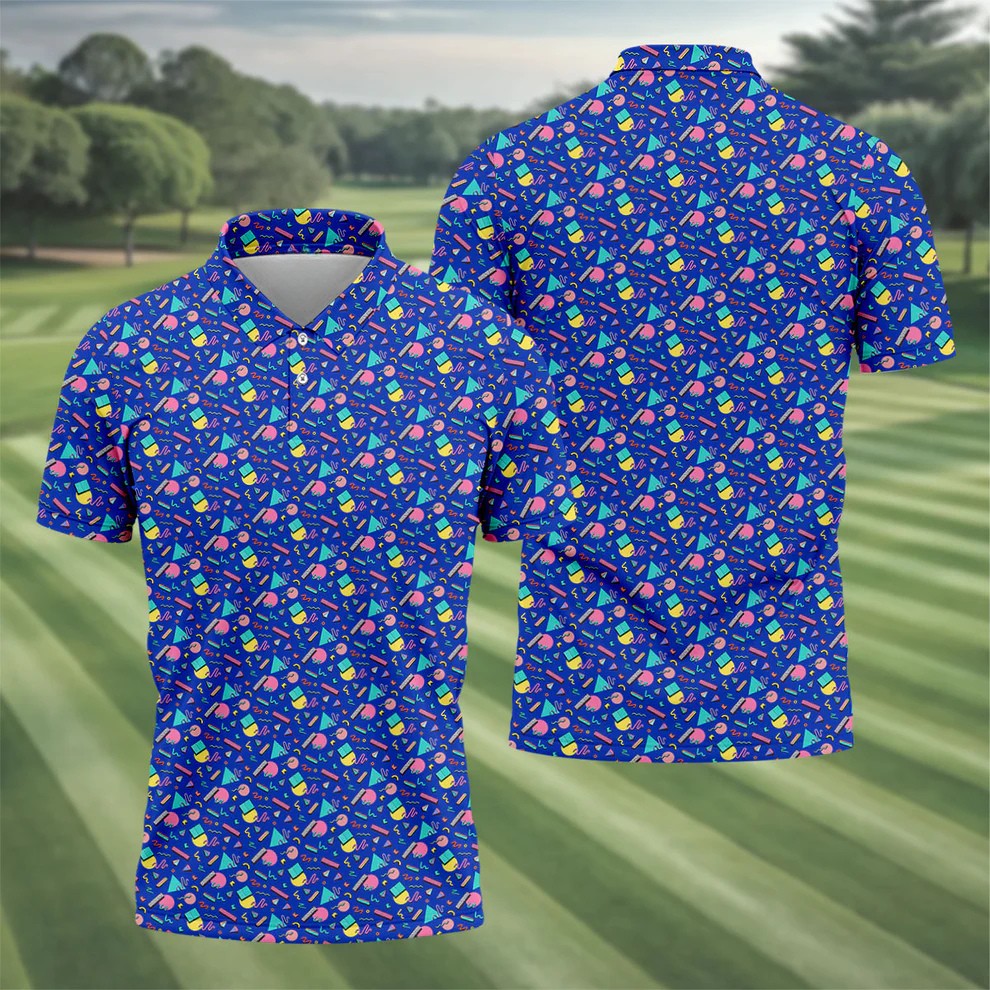 Memphis Pattern Hawaiian Golf Shirt, Retro Summer Men's Golf Shirt, Polo Shirts For Men