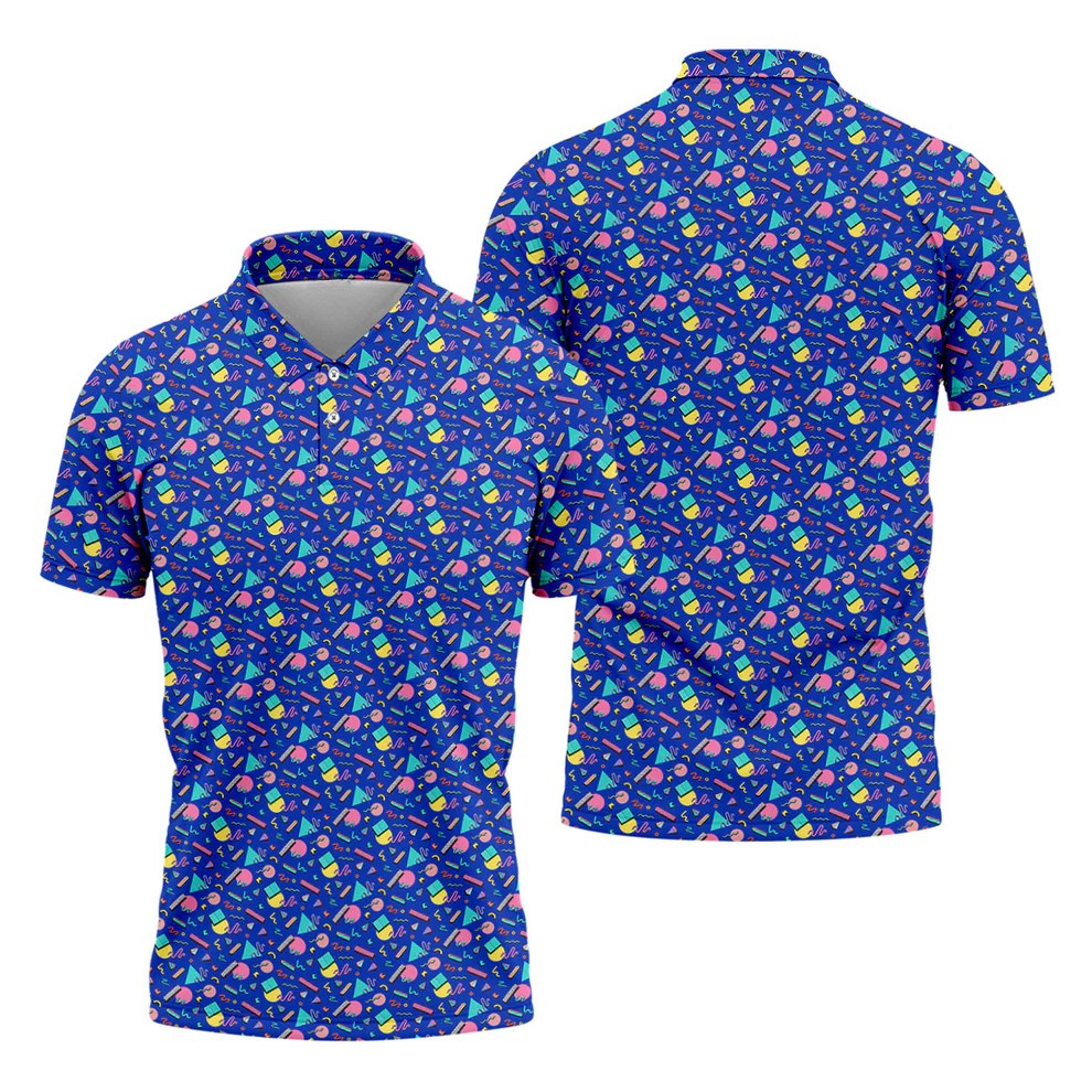 Memphis Pattern Hawaiian Golf Shirt, Retro Summer Men's Golf Shirt, Polo Shirts For Men