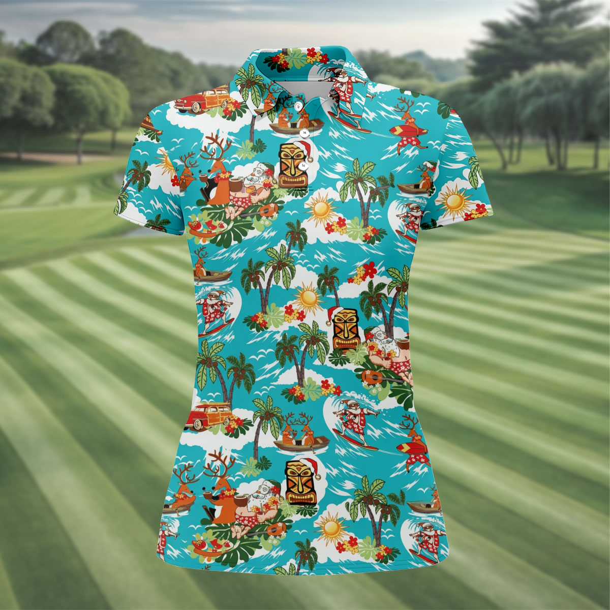 Women's Funny Surfing Santa Hawaiian Golf Shirt, Christmas Golf Shirt, Women’s Golf Polo