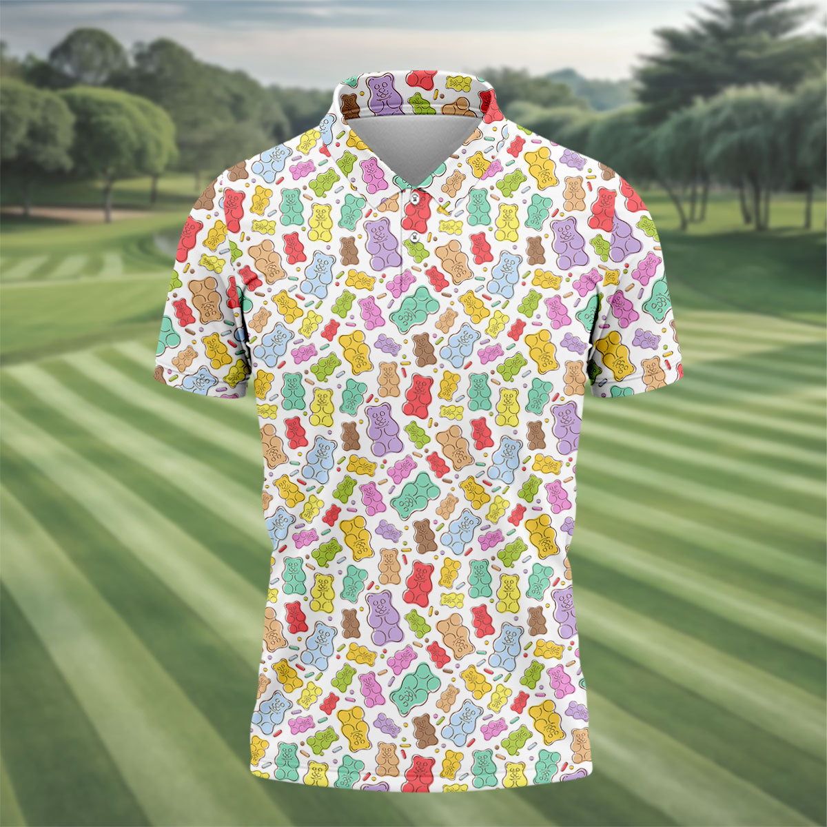 Gummy Bear Golf Shirt, Colorful Candy Pattern Men's Golf Polo, Polo Shirts For Men