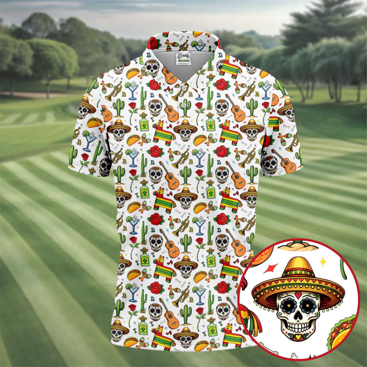 Decorated Skulls Party Items Cinco De Mayo Celebration Fiesta Themed White Golf Shirts For Men