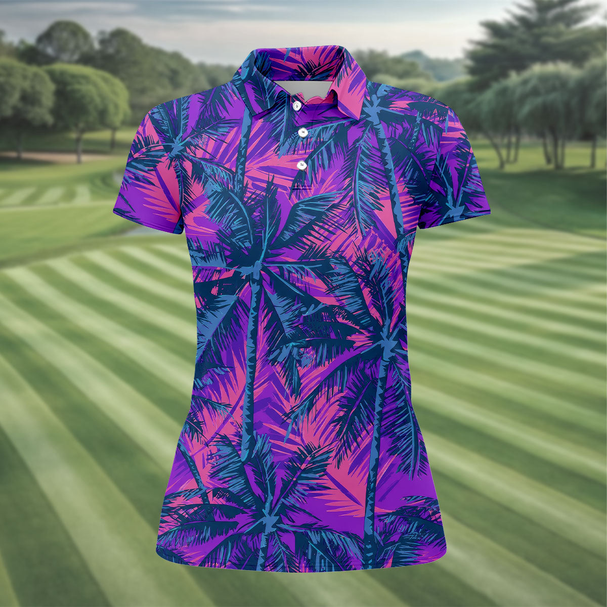 Purple Pink Tropical Palm Trees Golf Shirt, Golf Polo For Women, Printed Golf Shirt