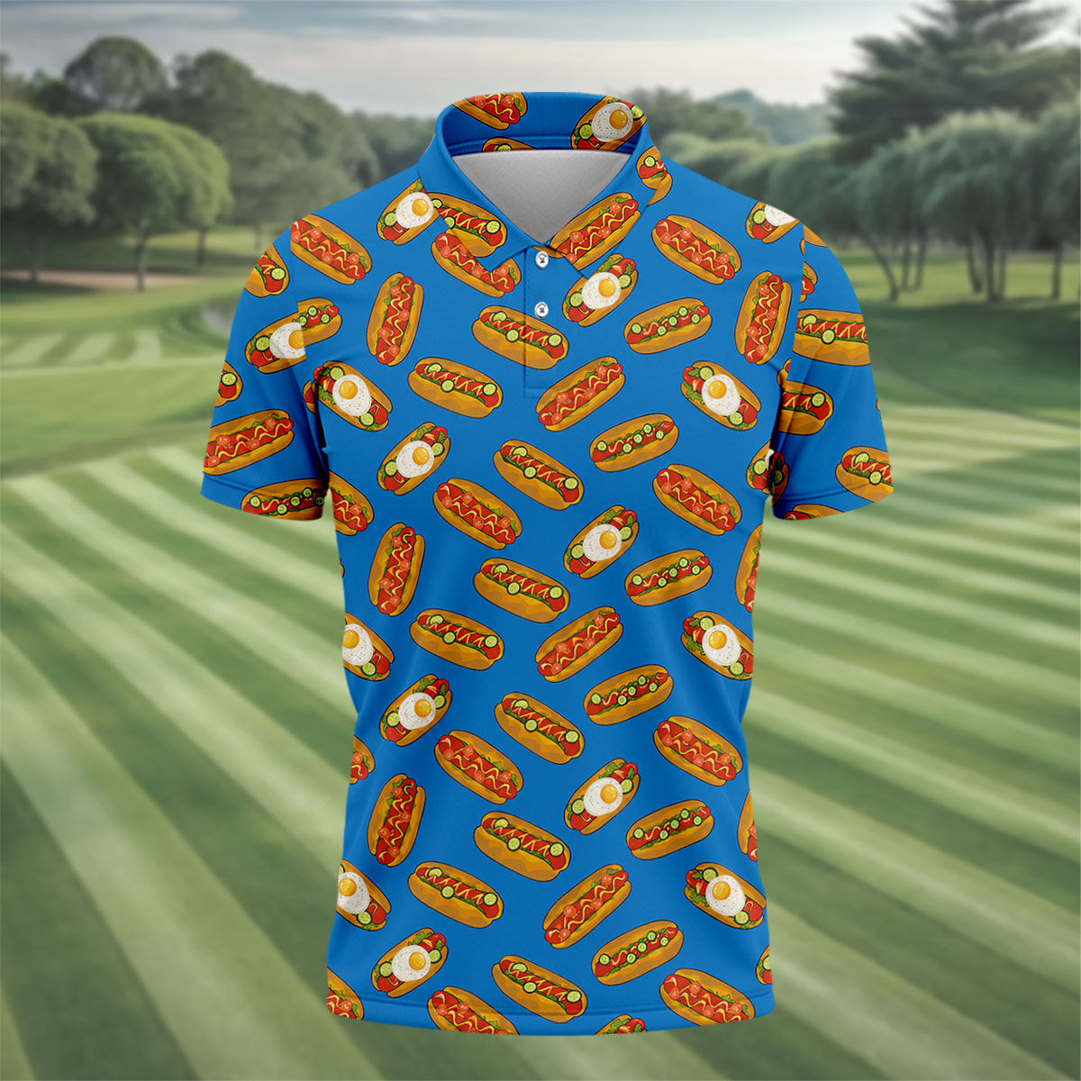 Blue Hot Dog And Fried Egg Pattern Golf Shirt, Hawaiian Golf Shirt, Mens Golf Shirts, Golf Apparel For Men
