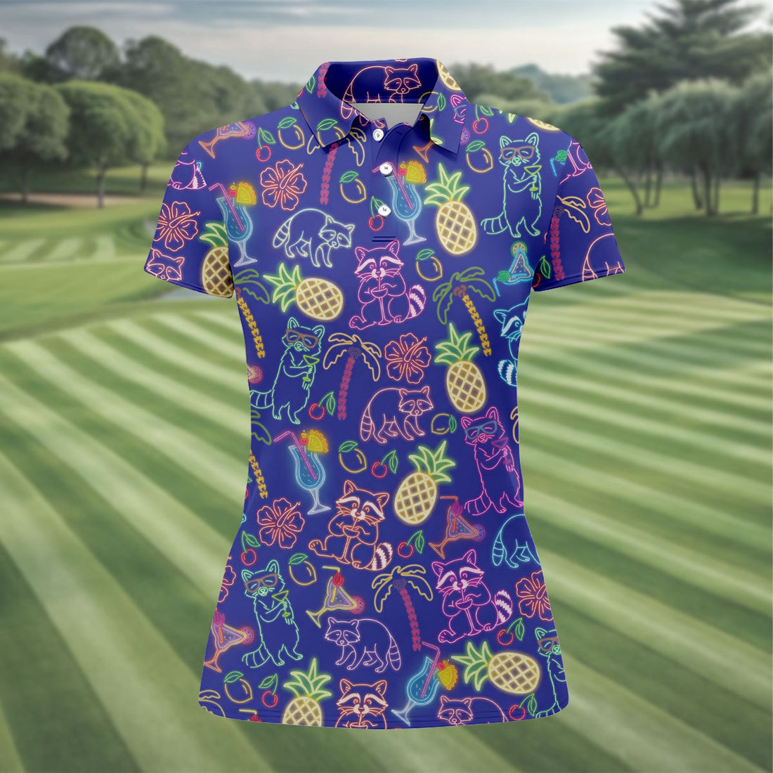 Neon Tropical Raccoon Cocktail Pattern Hawaiian Golf Shirt, Women's Golf Tops, Ladies Golf Shirts