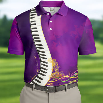 Mardi Gras Feather Beads Piano Keyboard Print Purple Golf Shirt, Polo ShirtFor Men, Golf Shirts For Men