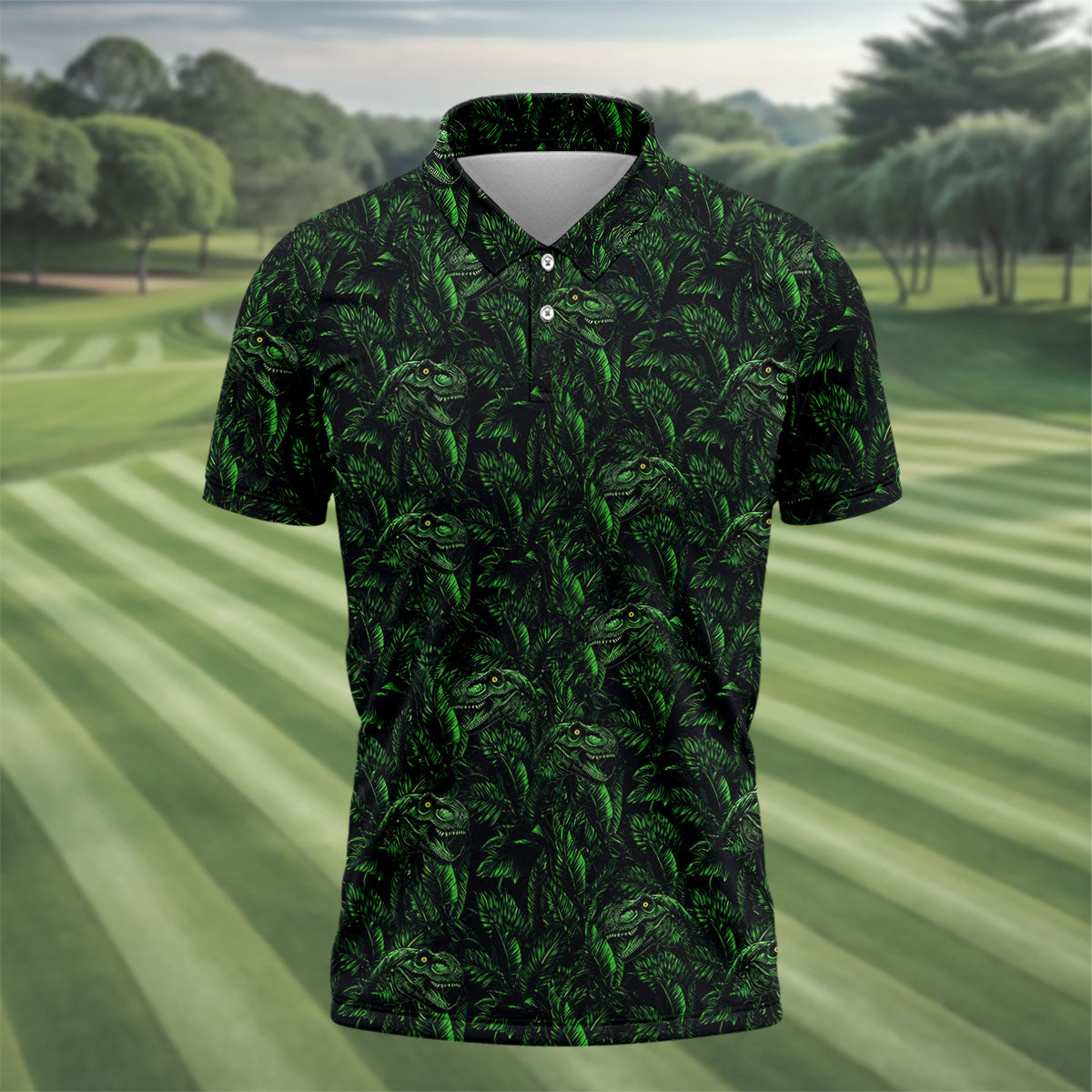 Dinosaurs In The Forest Deep Forest Green Hawaiian Golf Shirt, Polo Shirtor Men