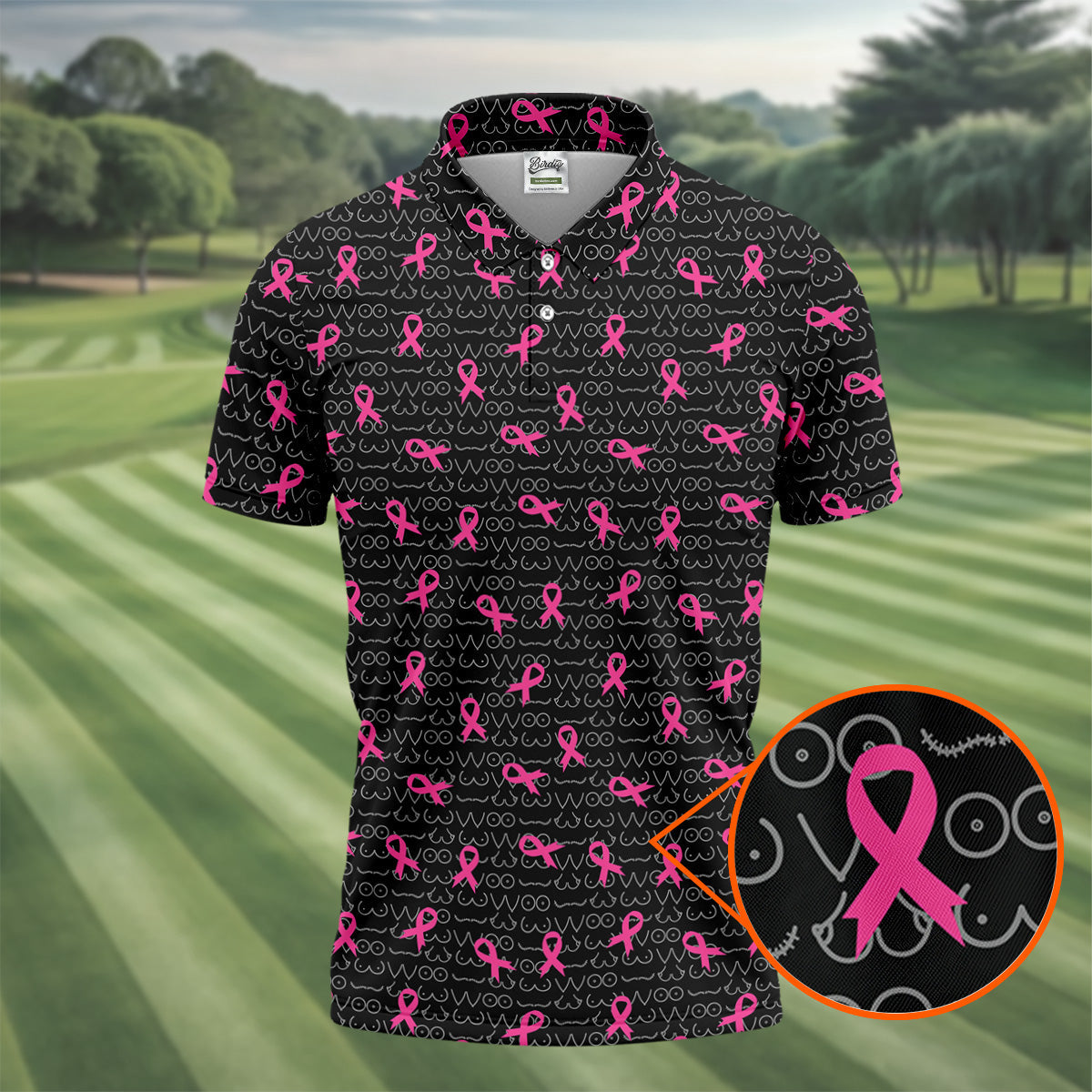 Black Golf Polo with Pink Ribbon, Men's Golf Polo ShirtBreast Cancer Awareness Shirt, Funny Golf Shirt