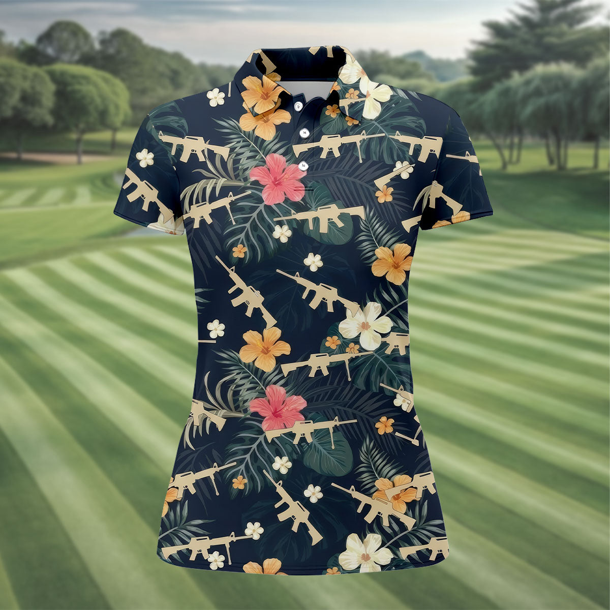 Colorful Hibiscus Tree With Army Theme Women Golf Top, Ladies Golf Shirts, Golfing Apparel