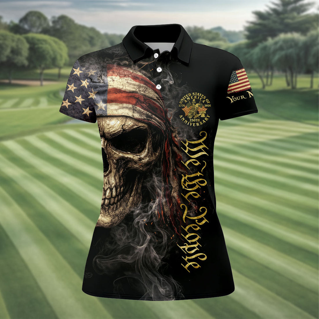 USA 250th Anniversary We The People Patriotic Skull Golf Shirt, 4th Of July Golf Shirt For Women