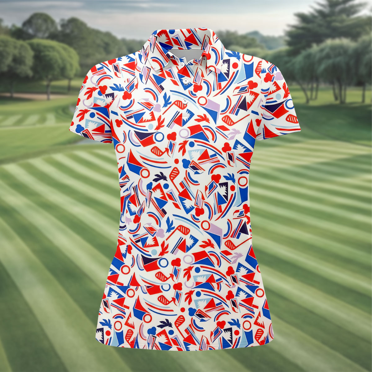 Red White Blue Golf Pattern Patriotic Golf Shirt, 250 Years Of Freedom 4th Of July Golf Shirt For Women