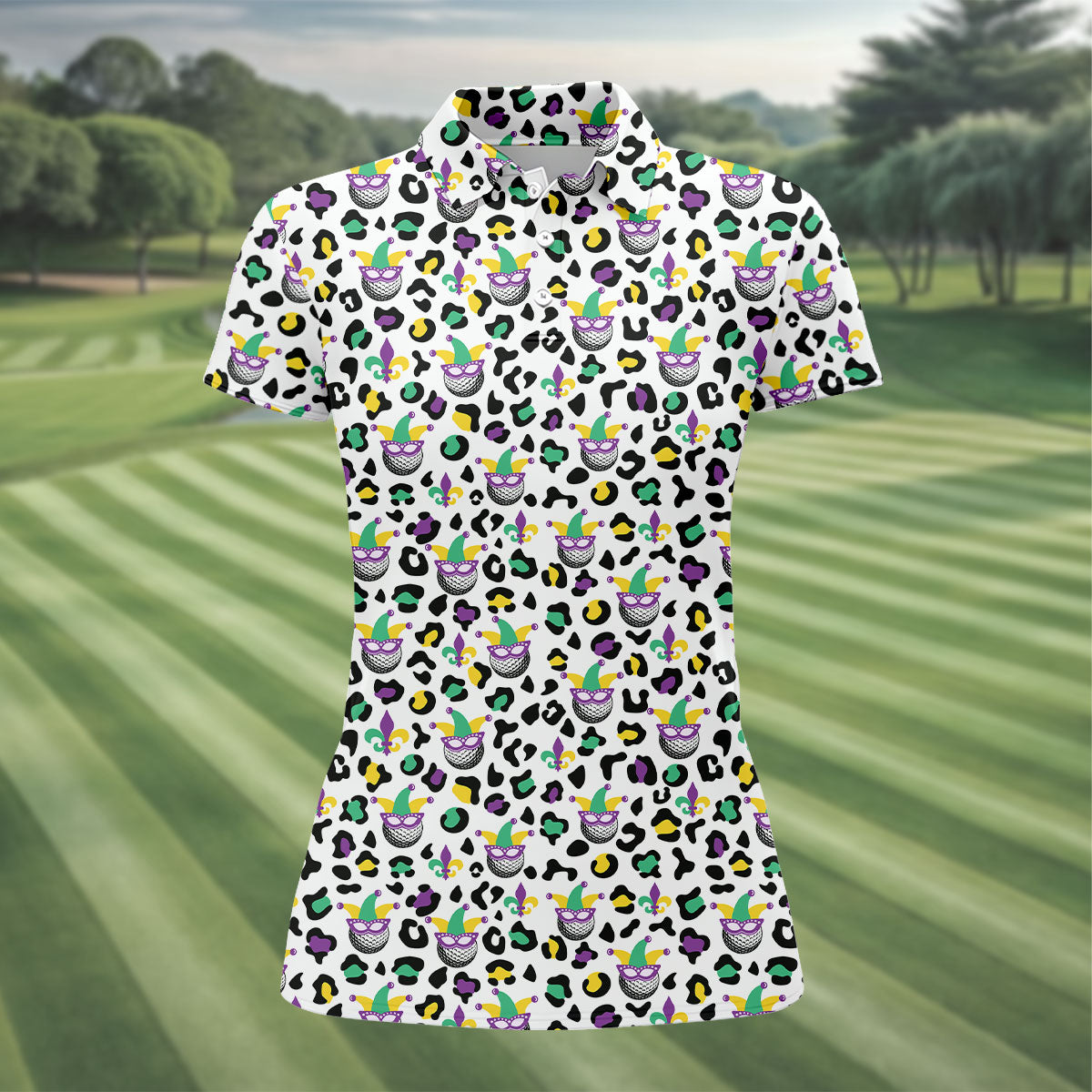 Mardi Gras Mask Leopard Spots Funny Golf Ball Women's Golf Tops, Fun Women's Golf Shirts, Ladies Golf Polos