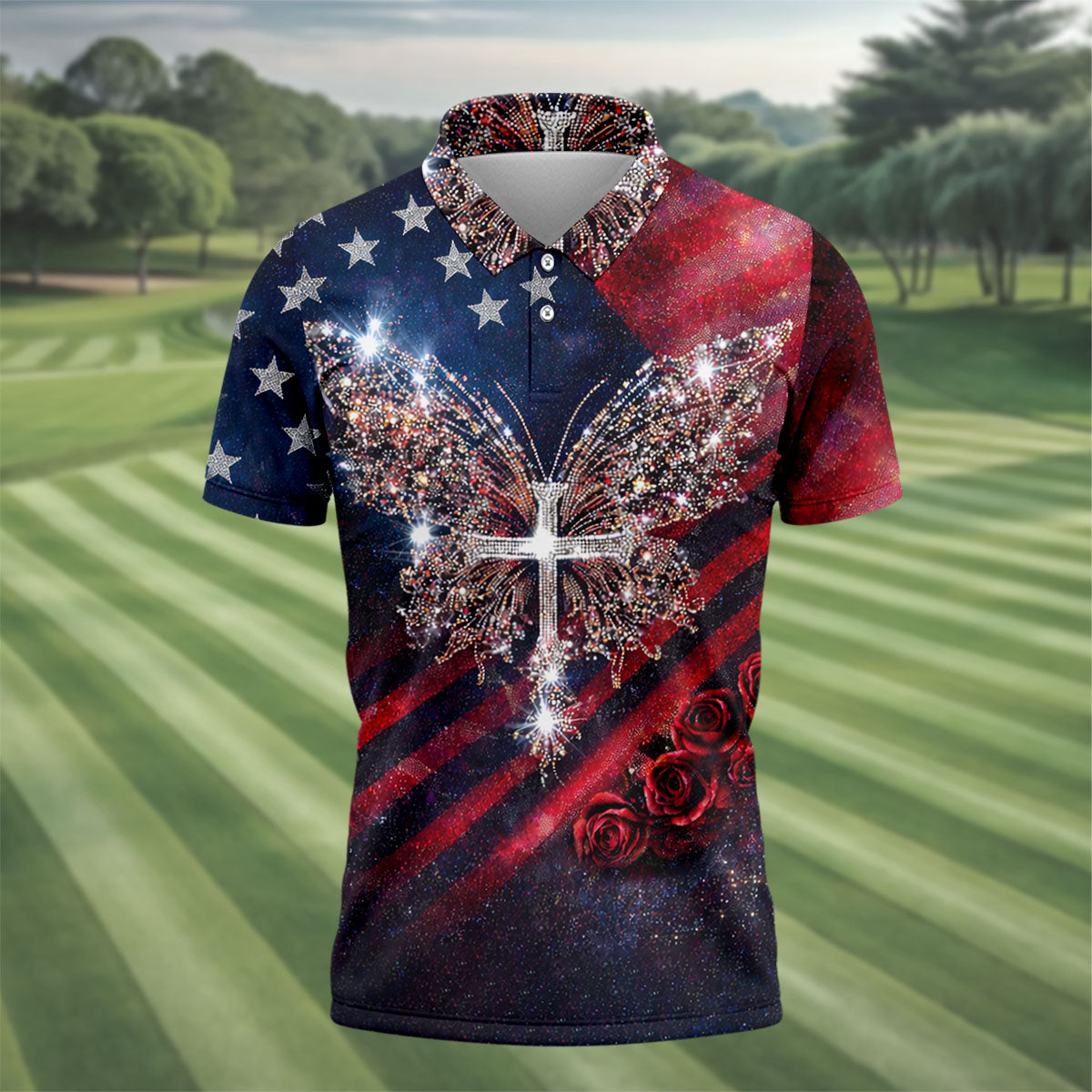 Faith Cross Shimmering Butterfly 250th Anniversary Golf Tops For Men, Patriotic 4th Of July Golf Shirts For Men