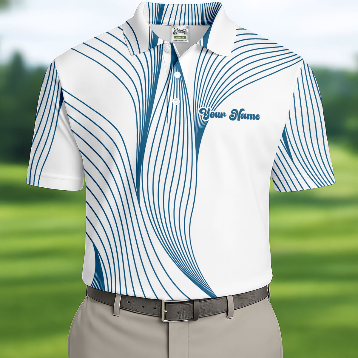 Geometric Line Wavy Line Blue And White Custom Name Golf Shirts For Men, Men's Golf Shirt, Polo ShirtFor Men