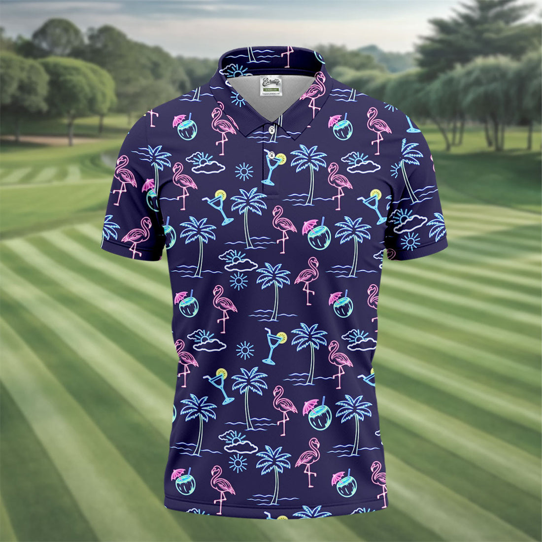 Neon Line Tropical Flamingo Hawaiian Golf Shirt, Polo Shirtor Men, Golfing Apparel