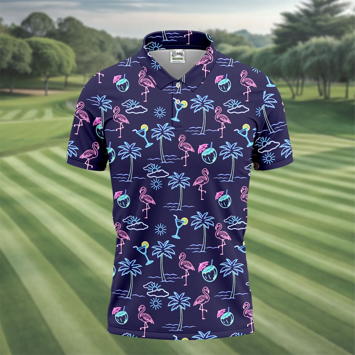 Neon Line Tropical Flamingo Hawaiian Golf Shirt, Polo Shirtor Men, Golfing Apparel