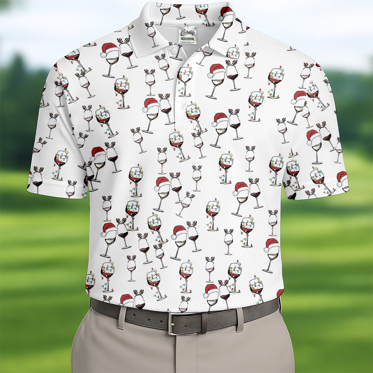 Christmas Wine Glass With Colorful Lighting White Golf Shirt, Christmas Golf Shirt, Polo ShirtFor Men