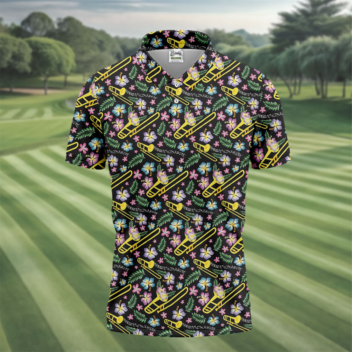 Trombones Floral Tropical Vibe Golf Tops For Men, Polo ShirtFor Men, Golf Shirts For Men