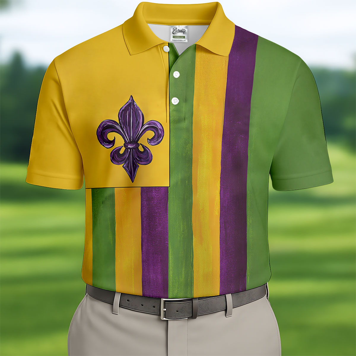 Purple Green Gold Vertical Stripes Fleur De Lis Flower Mardi Gras Golf Shirt, Polo ShirtFor Men, Golf Shirts For Men