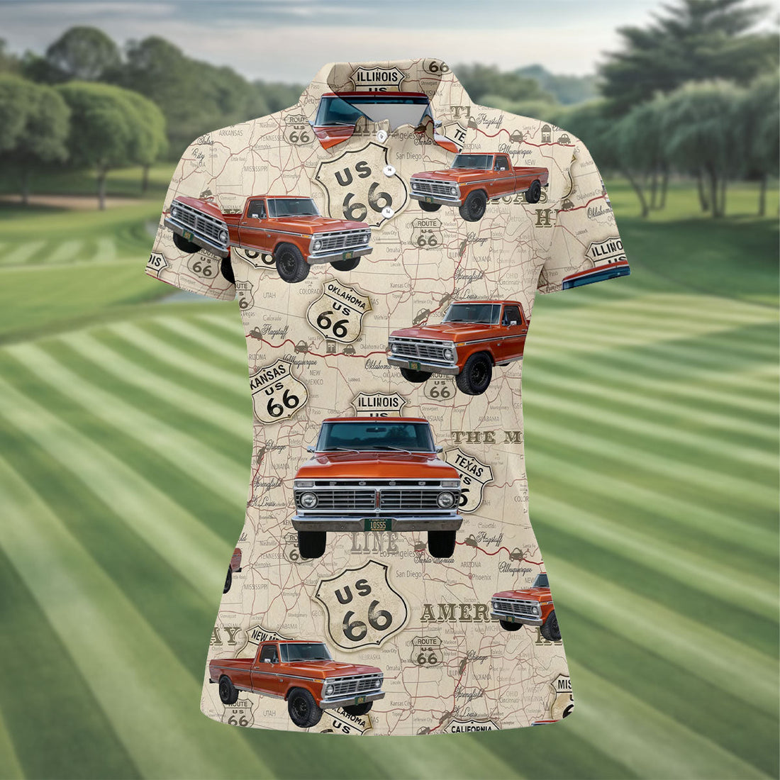 Custom Photo Truck Golf Shirt, Vintage Pickup Route 66 Map Pattern, Golf Shirt For Women