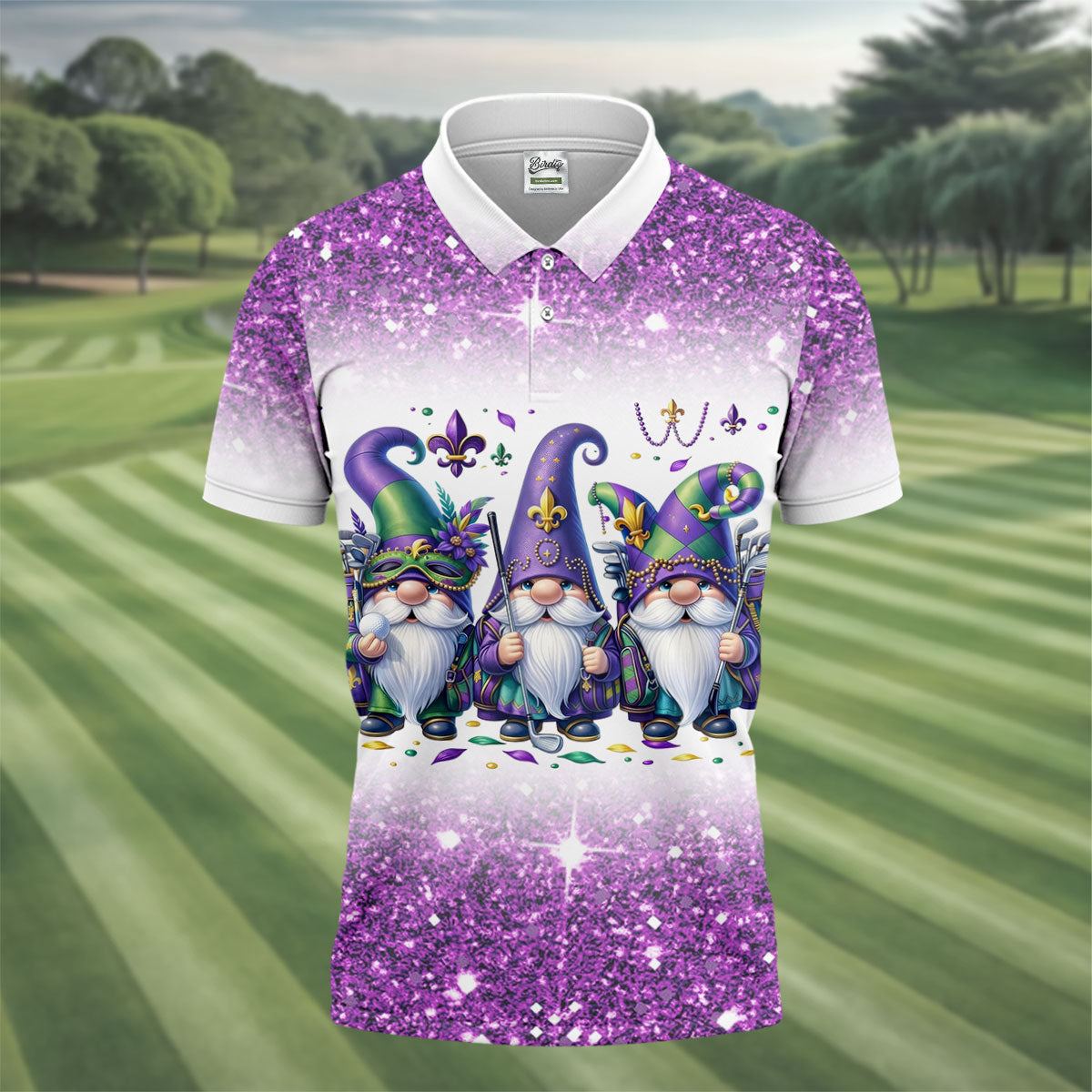Mardi Gras Gnomes Fleur De Lis Glitter Effect Golf Tops For Men, Polo ShirtFor Men, Golf Shirts For Men