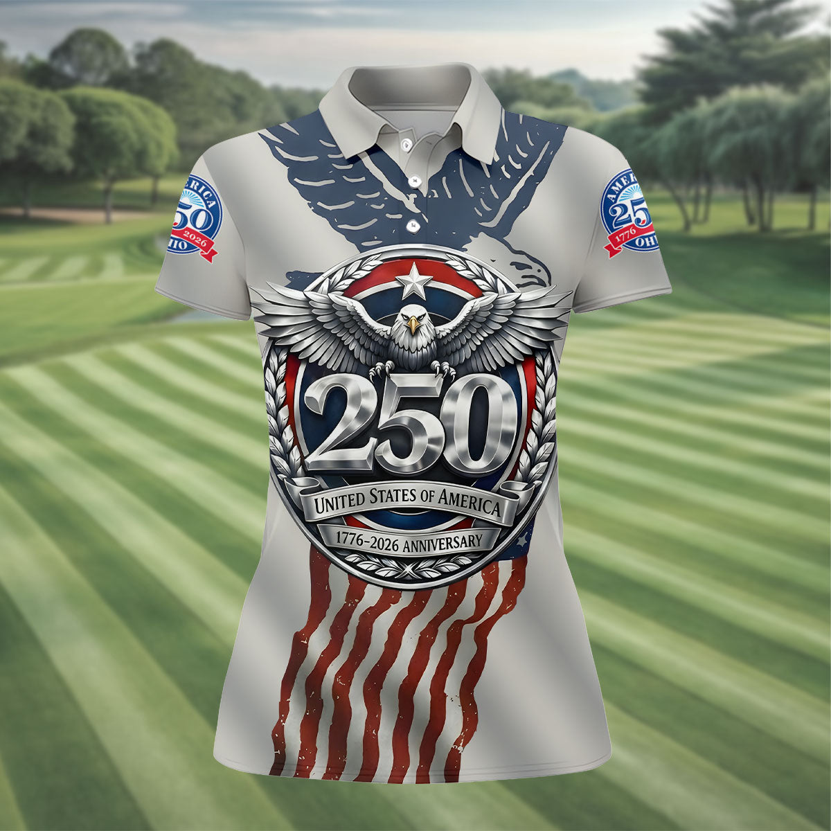 250 US 1776-2026 Anniversary Silver Print Ladies Golf Tops, Patriotic 4th Of July Golf Shirt For Women