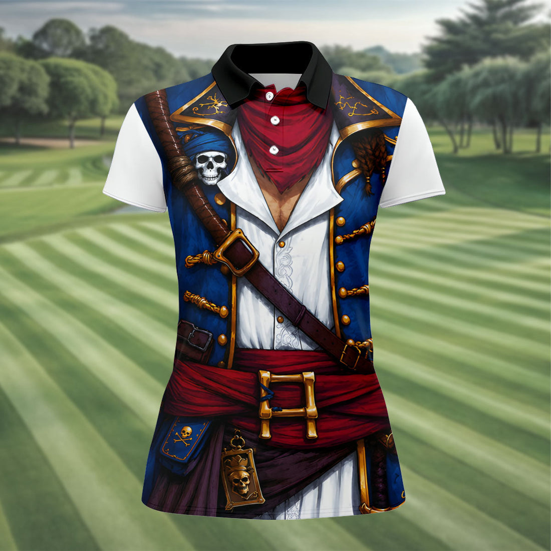 Caribbean Pirate Golf Shirt, Classic Buccaneer Captain Uniform, Golf Shirt For Women